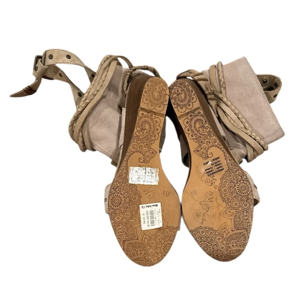 NAUGHTY MONKEY LASALLE SUEDE LEATHER WEDGE TAN BEIGE OPEN TOE SANDAL SHOES 8.5